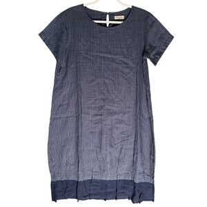 Samansa Mos2 Short Sleeve 100% Hemp Blue Check Shift Dress Sz M Pintuck‎ Hem